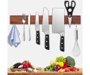 Dmore Lama Magnetica da 40 cm Con 2 Ganci - Supporto in Noce Senza Foratura per Coltelli e Utensili - Include Nastro Adesivo e Viti