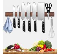 Dmore Lama magnetica da 50 cm, in noce, con 2 ganci, supporto per coltelli lungo, magnetico, estremamente autoadesivo, in legno, per una cucina ordinata