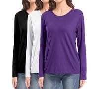 DMVOD 3-Pack T-Shirt a Maniche Lunghe in Cotone da Donna Top da Allenamento per Signore T-Shirt basiche Aderenti T-Shirt Semplice Girocollo Black/White/Purple-2XL