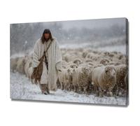 DMZPKZB Gesù Tela Arte murale Peccore nella neve Dipinto di Cristo che prega, Fede, per soggiorno, camera da letto, decorazione della chiesa(Bianco)-80x120cm Incorniciato