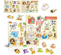 Dncvb 2 Pezzi Puzzle con Pomelli, Educativo Puzzle in Legno per Bambini, Puzzle di Legno Animali per Bambini 1 2 3 Anni Colori Vivaci, Ideale per la Coordinazione Occhio-Mano e la Concentrazione