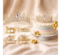 Dncvb Queen Princess Corona di compleanno per donna ragazza torta con 4 Happy Birthday decorazione torta compleanno cupcake topper corona corona diadema