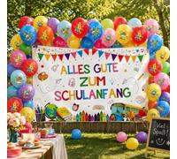 Dncvb Striscione decorativo per l'inizio della scuola, per bambine | con palloncini, striscione con scritta in lingua tedesca "Alles Gute zum Schulanfang", decorazione per bambine, 180 x 110 cm