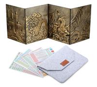 DND Dungeons Master Screen, DNDND - Schermo in similpelle 3D in rilievo a quattro pannelli con tasche per giochi da tavolo DND Dungeon e Dragon (ottone)
