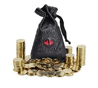 DND Fantasy Coins 50 Antique Gold Metal Treasure - Token con custodia in pelle - Borsa da gioco, accessori e oggetti di scena per dungeon e draghi, piani da tavolo, tavola o gioco di carte, LARP e
