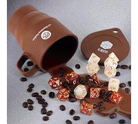 DND Set di dadi a tema caffè e zucchero (14 pezzi) con tazza in silicone + 3 pozioni di resistenza per conservazione, 7 dadi poliedrici da gioco in resina acrilica per dungeons and drons, Pathfinder e