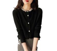 Dndrdhfb Maglione da donna con collo a giro in maglia tinta unita con perline, maniche lunghe, stile casual, Nero , XL