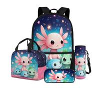 Dngkaoje 4 in 1 Bambini Scuola Bookbag Set Bambini Zaino con Lunch Box Astuccio Portaborraccia Acqua, Famiglia Axololt