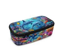 Dngkaoje Astuccio grande per ragazze e ragazzi, astuccio estetico con cerniera, grazioso astuccio per la scuola, Delfini Oceani, L10.2xW4.5xH3.2 inches, Con tasca per il