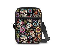 Dngkaoje Borsa a tracolla da donna, borsa a tracolla da viaggio, mini portafoglio con cerniera e tracolla regolabile, Teschio Fiore Hippie, L7xW2xH9 inches