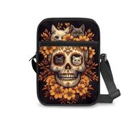 Dngkaoje Borsa a tracolla da donna, borsa a tracolla da viaggio, mini portafoglio con cerniera e tracolla regolabile, Gatto scheletro girasole, L7xW2xH9 inches