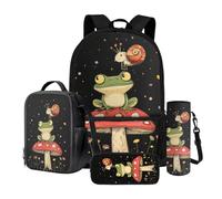 Dngkaoje Set 4 in 1 zaino per la scuola per bambini con scatola termica portapranzo portamatite, portabottiglie d'acqua, regalo per ragazzi e ragazze, Funghi Rane