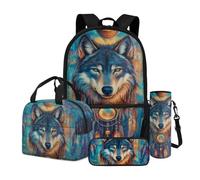 Dngkaoje Set di 4 zaini per bambini con borsa termica per il pranzo, astuccio per matite e bottiglia d'acqua, Lupo misterioso