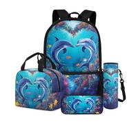 Dngkaoje Set di 4 zaini per bambini con borsa termica per il pranzo, astuccio per matite e bottiglia d'acqua, Delfini Oceano Blu