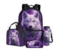 Dngkaoje Set di 4 zaini per bambini con borsa termica per il pranzo, astuccio per matite e bottiglia d'acqua, Lupo cielo stellato viola