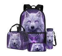 Dngkaoje Set di 4 zaini per bambini con borsa termica per il pranzo, astuccio per matite e bottiglia d'acqua, Bianco Lupo Viola