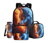 Dngkaoje Set di 4 zaini per la scuola per bambini con portapranzo, astuccio e copertura per bottiglia d'acqua, Lupo della fiamma, L11.02xW5.12xH17.32 inches, Set di zaini per la scuola