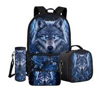 Dngkaoje Set di 4 zaini per la scuola per bambini con portapranzo, astuccio e copertura per bottiglia d'acqua, Cool Wolf Flower, L11.02xW5.12xH17.32 inches, Set di zaini per la scuola
