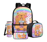 Dngkaoje Set di 4 zaini per la scuola per bambini con portapranzo, astuccio e copertura per bottiglia d'acqua, Kawaii Divertente Kapybara, L11.02xW5.12xH17.32 inches, Set di zaini per la scuola
