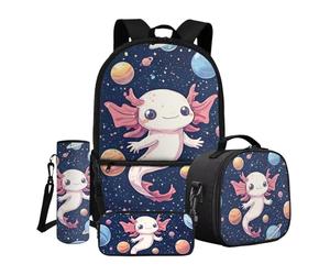 Dngkaoje Set di 4 zaini per la scuola per bambini con portapranzo, astuccio e copertura per bottiglia d'acqua, Pianeta Axololt, L11.02xW5.12xH17.32 inches, Set di zaini per la scuola