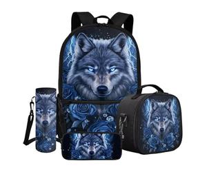 Dngkaoje Set di 4 zaini per la scuola per bambini con portapranzo, astuccio e copertura per bottiglia d'acqua, Cool Wolf Flower, L11.02xW5.12xH17.32 inches, Set di zaini per la scuola