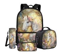 Dngkaoje Set di 4 zaini per la scuola per bambini, con portapranzo isolato, portapranzo, portaborraccia, portabottiglie d'acqua, Fiori di cavallo bianco, L11.02xW5.12xH17.32 inches, Set di zaini per