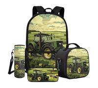 Dngkaoje Set di 4 zaini per la scuola per bambini, con portapranzo isolato, portapranzo, portaborraccia, portabottiglie d'acqua, Trattore agricolo Verde, L11.02xW5.12xH17.32 inches, Set di zaini per