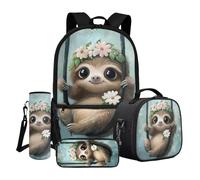Dngkaoje Set di 4 zaini per la scuola per bambini, con portapranzo isolato, portapranzo, portaborraccia, portabottiglie d'acqua, Bradipo malizioso, L11.02xW5.12xH17.32 inches, Set di zaini per la