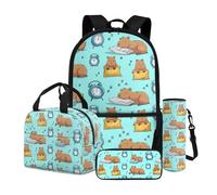 Dngkaoje Set di 4 zaini per la scuola per bambini, grande capacità, con astuccio portapranzo, copertura per bottiglia d'acqua, Capibara Dormire