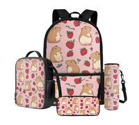 Dngkaoje Set di 4 zaini per la scuola per bambini, ragazzi e ragazze, con portapranzo, portapenne, portabottiglie d'acqua, Fragola Capibara Rosa