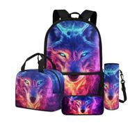 Dngkaoje Set di zaini per la scuola con stampa per bambini, ragazzi e ragazze, 4 in 1, per il rientro a scuola, Animali colorati Lupo