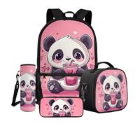 Dngkaoje Set di zaino per la scuola per bambini, ragazzi e ragazze, 4 in 1, con stampa e tasca frontale, Panda bere il tè, L11.02xW5.12xH17.32 inches, Set di zaini per la scuola