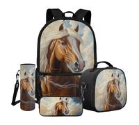 Dngkaoje Set di zaino per la scuola per bambini, ragazzi e ragazze, 4 in 1, con stampa e tasca frontale, Cavallo Marrone Capelli Bianchi, L11.02xW5.12xH17.32 inches, Set di zaini per la scuola