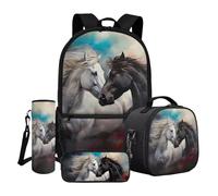 Dngkaoje Set di zaino per la scuola per bambini, ragazzi e ragazze, 4 in 1, con stampa e tasca frontale, Cavallo bianco e nero, L11.02xW5.12xH17.32 inches, Set di zaini per la scuola