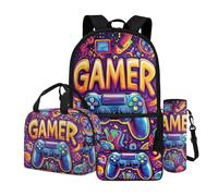 Dngkaoje Zaino scolastico 4 in 1 per bambini con astuccio portapranzo con custodia per bottiglia d'acqua, Stile console di gioco