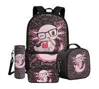 Dngkaoje Zaino scolastico 4 in 1 per bambini, ragazze, ragazzi, con borsa per il pranzo, astuccio per matite, copertura per bottiglia d'acqua, Indossare gli occhiali Axolotl, L11.02xW5.12xH17.32