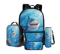 Dngkaoje Zaino scolastico per bambini Set 4 in 1 di grande capacità con portapranzo astuccio per la bottiglia d'acqua, Carino Squalo Oceani