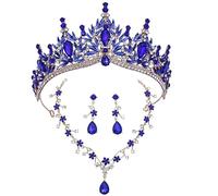 Dninmim Set di gioielli da donna con diademi e collana e orecchini, set di gioielli per festa nuziale, compleanno, set di accessori oro e blu