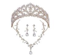 Dninmim Set di gioielli da sposa con fiori e diademi e collana e orecchini corona per matrimonio compleanno accessorio, Misura unica, Strass
