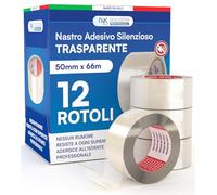 DNK TRADE Nastro Adesivo da Imballaggio Pacchi - 12 Rotoli di Nastro per Imballaggi 50mm x 66m Silenzioso Resistente all'Acqua - Colore Trasparente