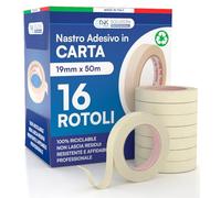 DNK TRADE Nastro Carta 19mm x 50m per Imbianchini Carta Gommata Professionale Riciclabile per Mascheratura Pittura e Imbiancatura - 16 Rotoli