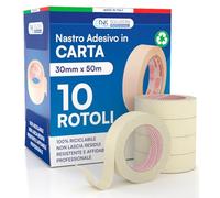 DNK TRADE Nastro di Carta - 10 Rotoli di Nastro da Imbianchini 30mm x 50m - Carta Gommata Professionale 30x50 Riciclabile per Mascheratura Pittura e Imbiancatura