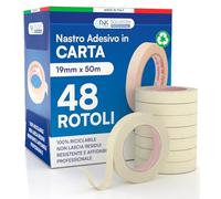 DNK TRADE Nastro di Carta - 48 Rotoli di Nastro da Imbianchini 19mm x 50m - Carta Gommata Professionale 19x50 Riciclabile per Mascheratura Pittura e Imbiancatura