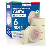 DNK TRADE Nastro di Carta - 6 Rotoli di Nastro da Imbianchini 50mm x 50m - Carta Gommata Professionale 50x50 Riciclabile per Mascheratura Pittura e Imbiancatura