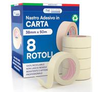 DNK TRADE Nastro di Carta - 8 Rotoli di Nastro da Imbianchini 38mm x 50m - Carta Gommata Professionale 38x50 Riciclabile per Mascheratura Pittura e Imbiancatura