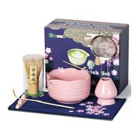 Dnnnii Set di fruste Matcha, 7 pezzi, in ceramica, include ciotola, frusta e supporto, paletta in bambù, poggiapolino, setaccio e strofinaccio, regalo per famiglia/amici (rosa)