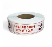 Do Not Use Sharps Open with Care - Etichette adesive di avvertenza, rotolo da 500, dimensioni 76 mm x 25 mm, traduzione inclusa sull'adesivo