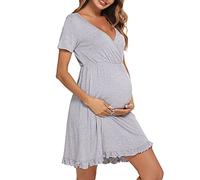 Doaraha Camicie da Notte per Allattamento da Donna Camicia da Notte Premaman Cotone Volant Eleganti Pigiama da Allattamento Parto Ospedale Indumenti da Notte - Grigio - Manica Corta, XXL