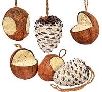 dobar 24102e - Mix di mangime per Uccelli, da Appendere, Quattro Noci di Cocco riempite e Due pigne giganti, Colore Naturale