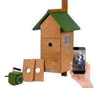 dobar® Grande tetto a punta in legno con telecamera WiFi HD e app con fori intercambiabili - 25,5 x 22,5 x 53 cm - verde-marrone